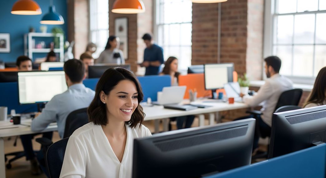 Une femme souriante travaille sur un ordinateur dans un bureau lumineux et animé, à aire ouverte, tandis que ses collègues travaillent à des bureaux voisins.