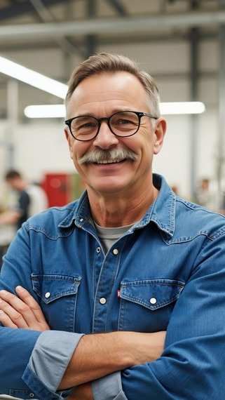 Une personne souriante, portant une moustache et des lunettes, est vêtue d'une chemise en jean bleu et pose les bras croisés dans un espace industriel.