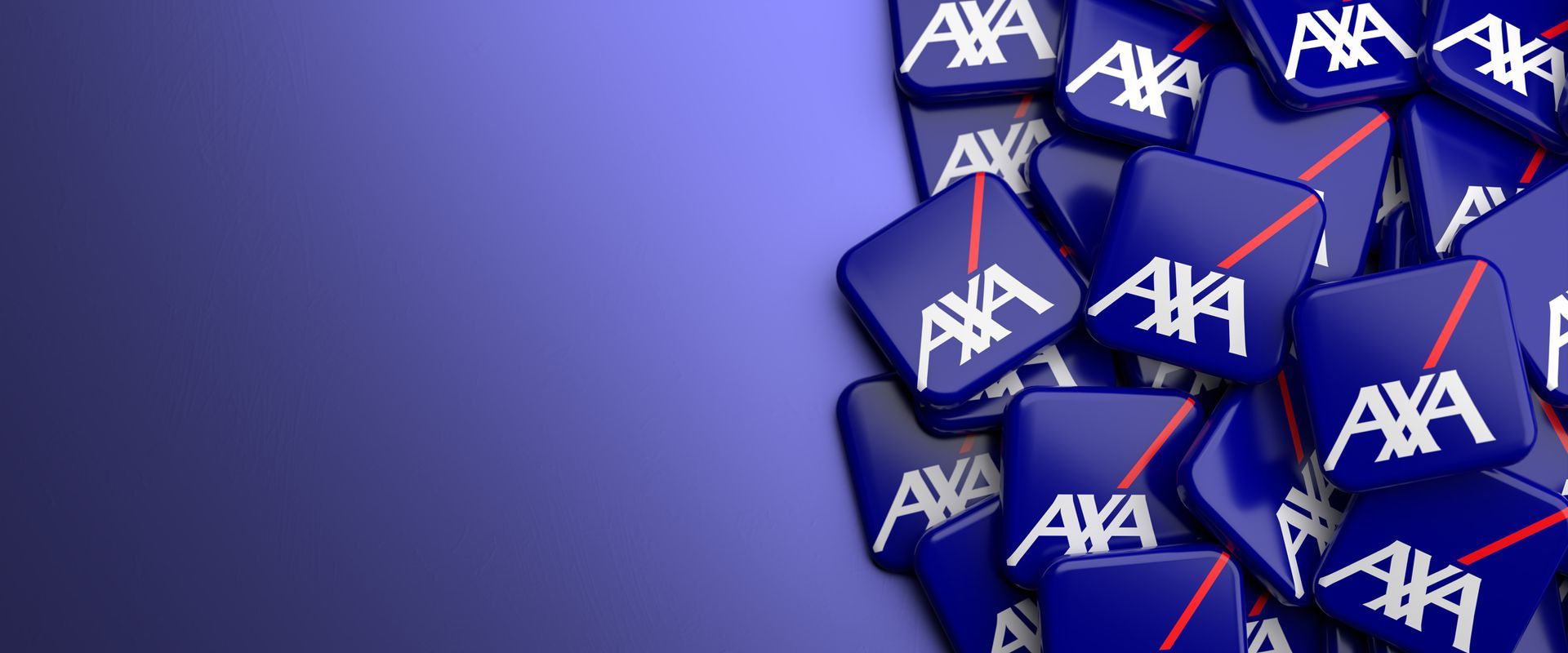 Cubes bleus de marque AXA empilés sur un fond violet