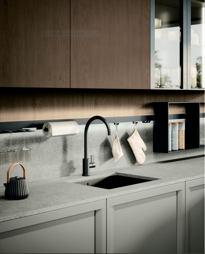 Cuisine moderne avec plan de travail gris, robinet noir, meubles en bois et torchons suspendus