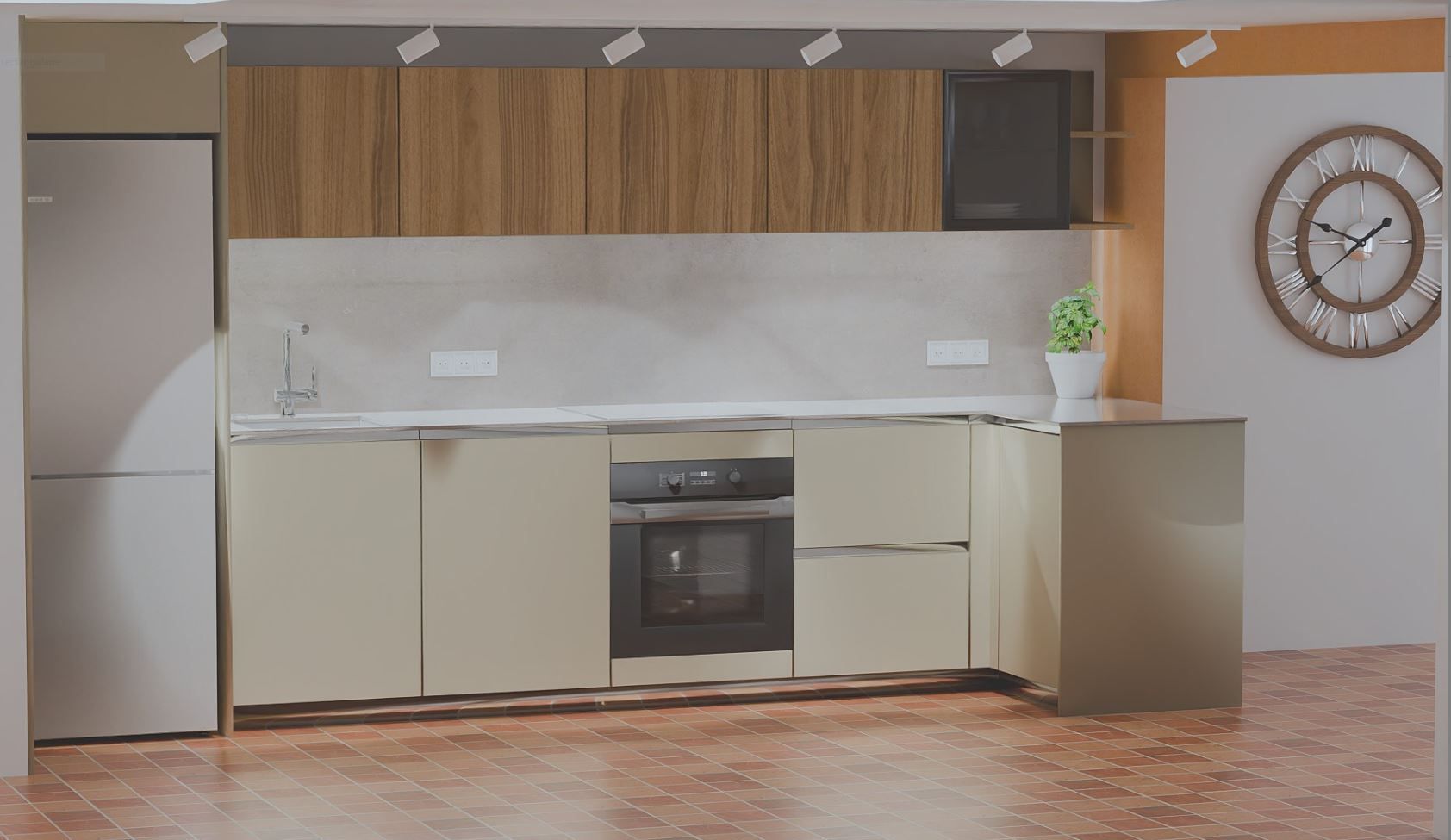 Cuisine moderne avec des meubles beiges, des touches de bois, des appareils en acier inoxydable et une horloge murale