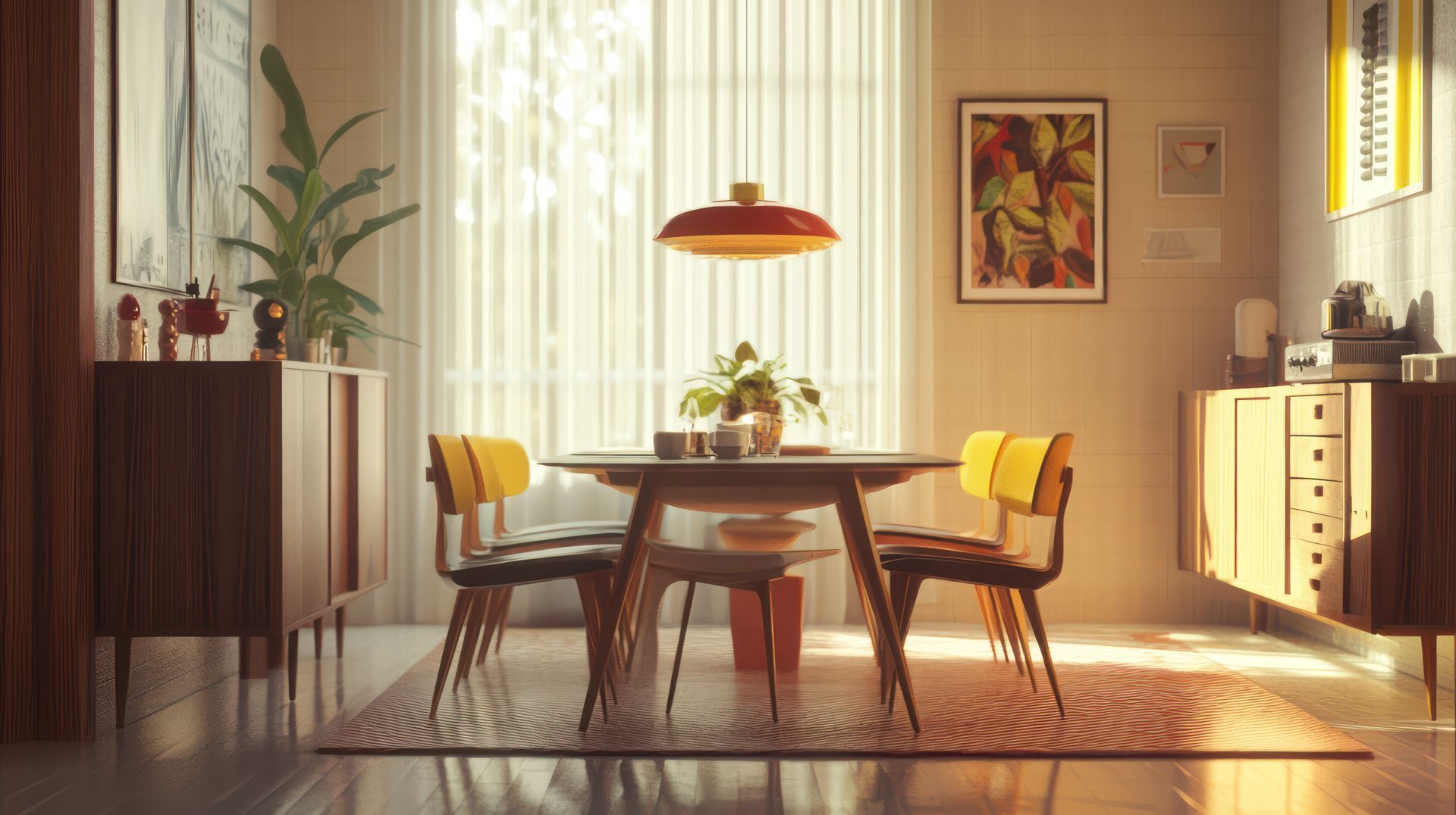 Salle à manger du milieu du siècle, meubles en bois, accents jaunes, œuvres d'art, soleil.