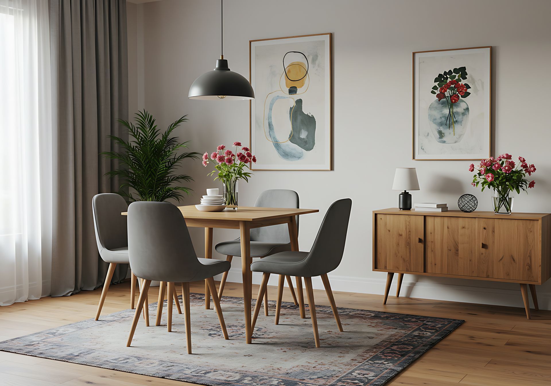Salle à manger avec table en bois, chaises grises et œuvres d'art. Un buffet et un tapis complètent l'ambiance chaleureuse.