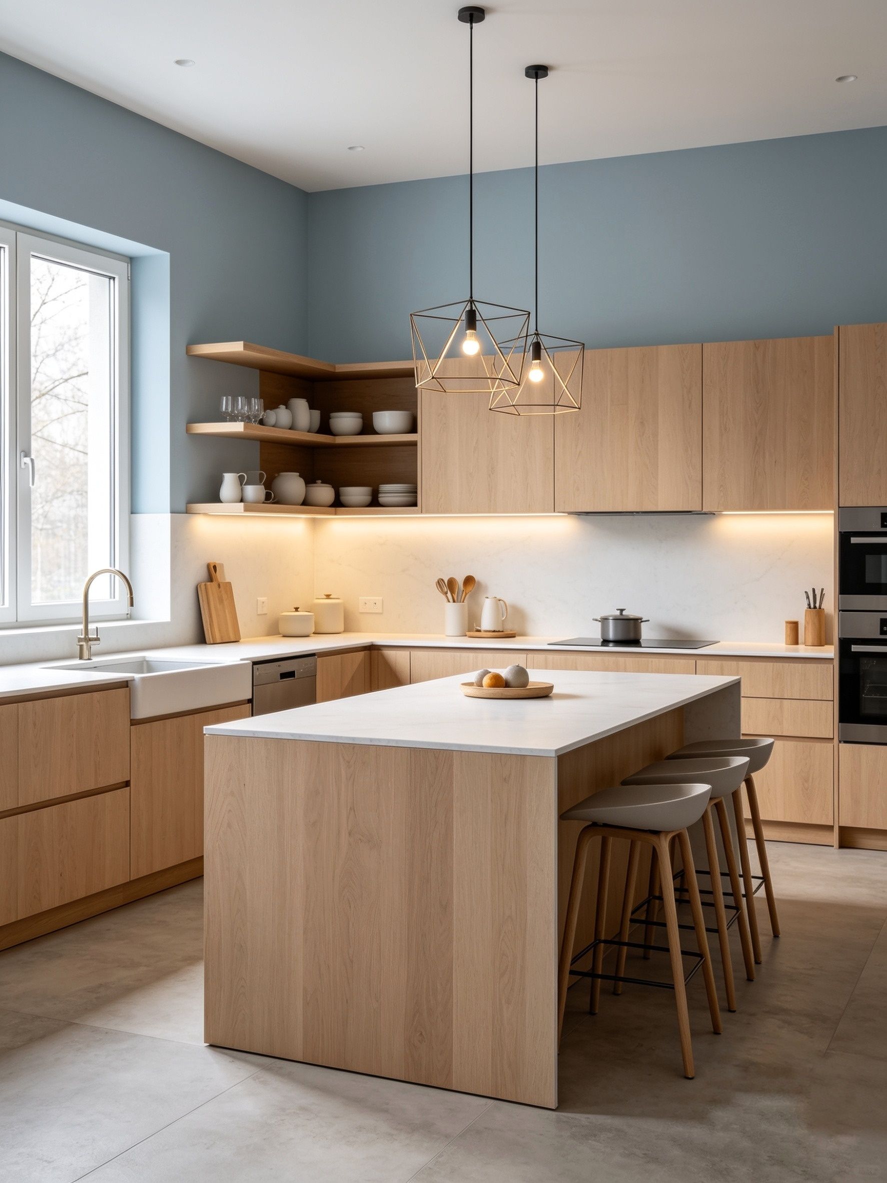 Cuisine moderne avec des placards en bois clair, un îlot, des suspensions et des murs bleu pâle