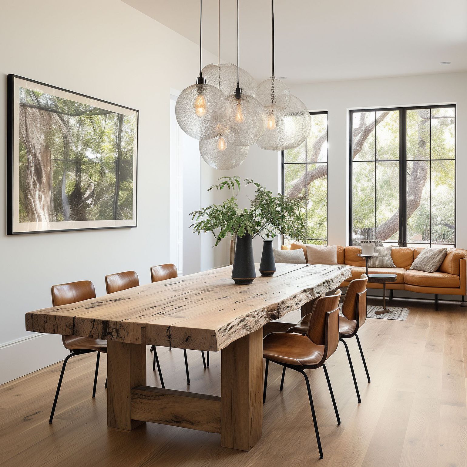 Salle à manger : table en bois avec chaises en cuir, plantes, une grande œuvre d'art encadrée et éclairage moderne.