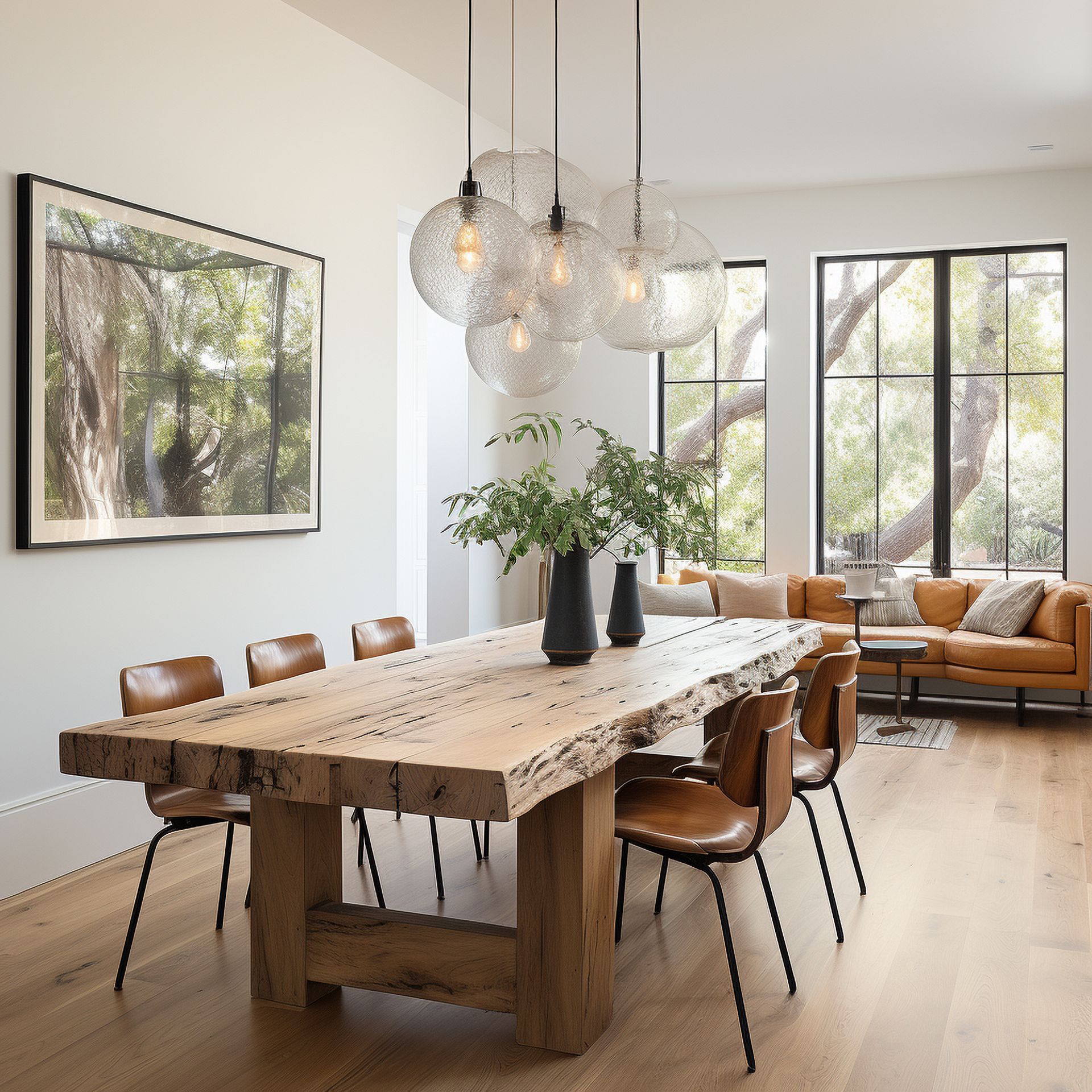 Salle à manger : table en bois avec chaises en cuir, plantes, une grande œuvre d'art encadrée et éclairage moderne.