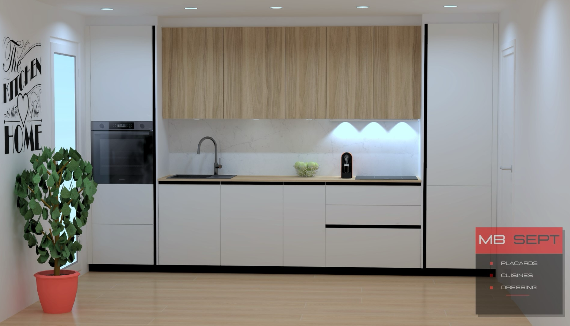 Cuisine moderne avec armoires blanches, boiseries, appareils électroménagers noirs et une plante en pot.