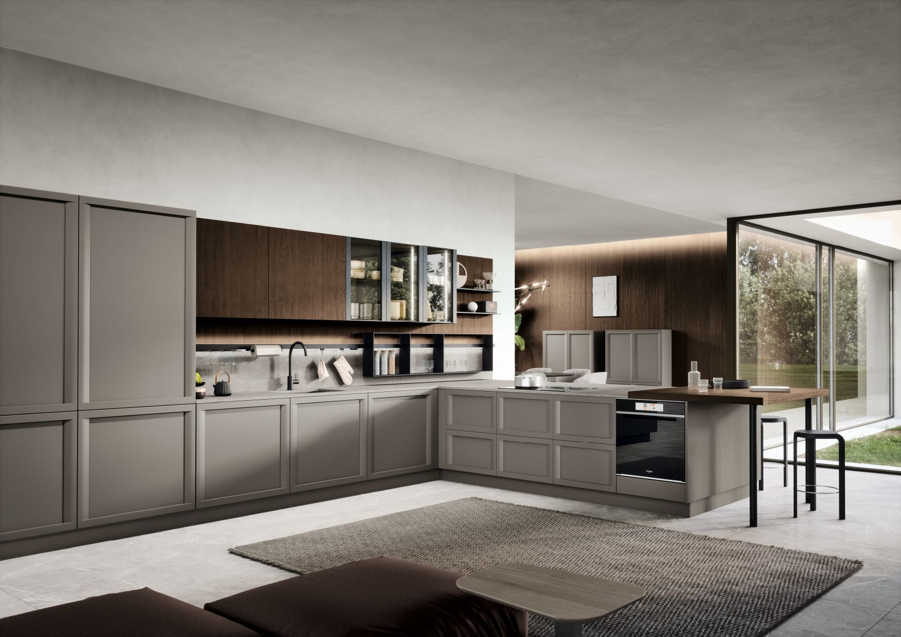Cuisine moderne avec des placards gris, des touches de bois foncé et une grande salle à manger baignée de lumière grâce à ses fenêtres