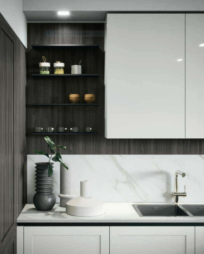 Cuisine moderne avec des étagères en bois foncé, des placards blancs, une crédence en marbre et des objets décoratifs sur le plan de travail