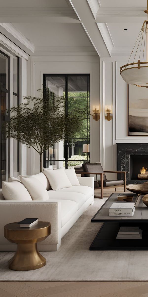 Una sala de estar con sofá, sillas, mesa de café y chimenea.