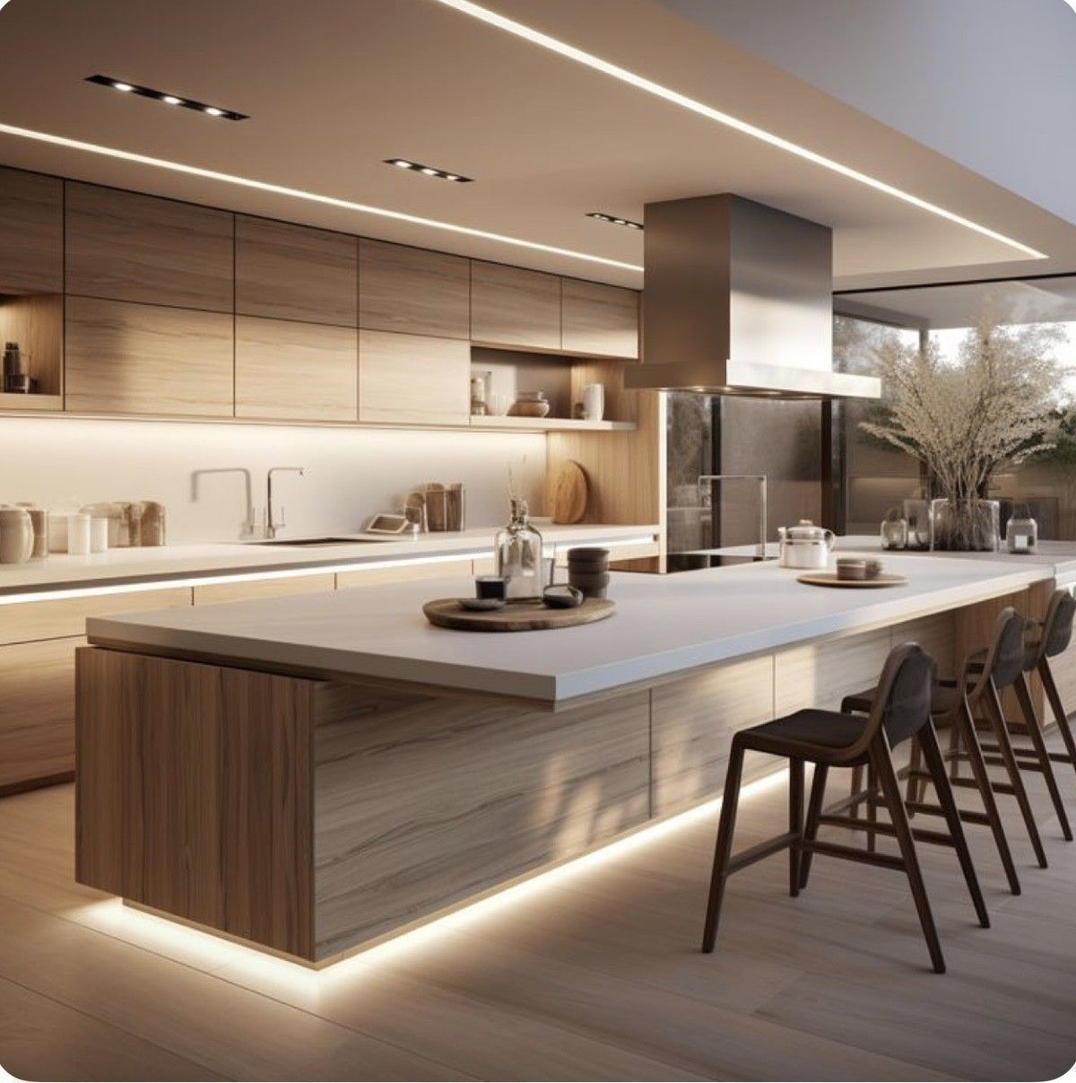 Una cocina con una gran isla y sillas.