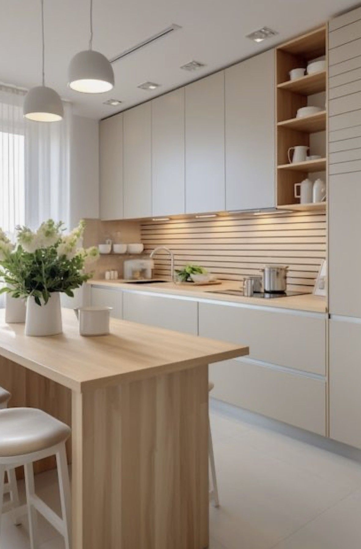 Una cocina con gabinetes blancos y una mesa de madera.