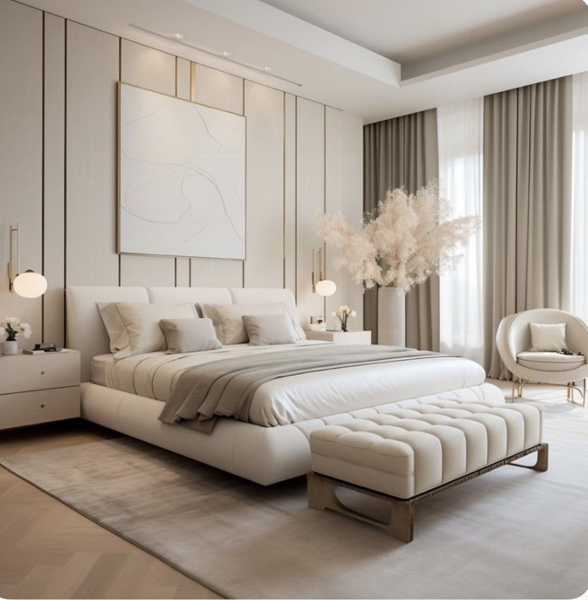 Un dormitorio con una cama grande, otomana, silla y pintura en la pared.