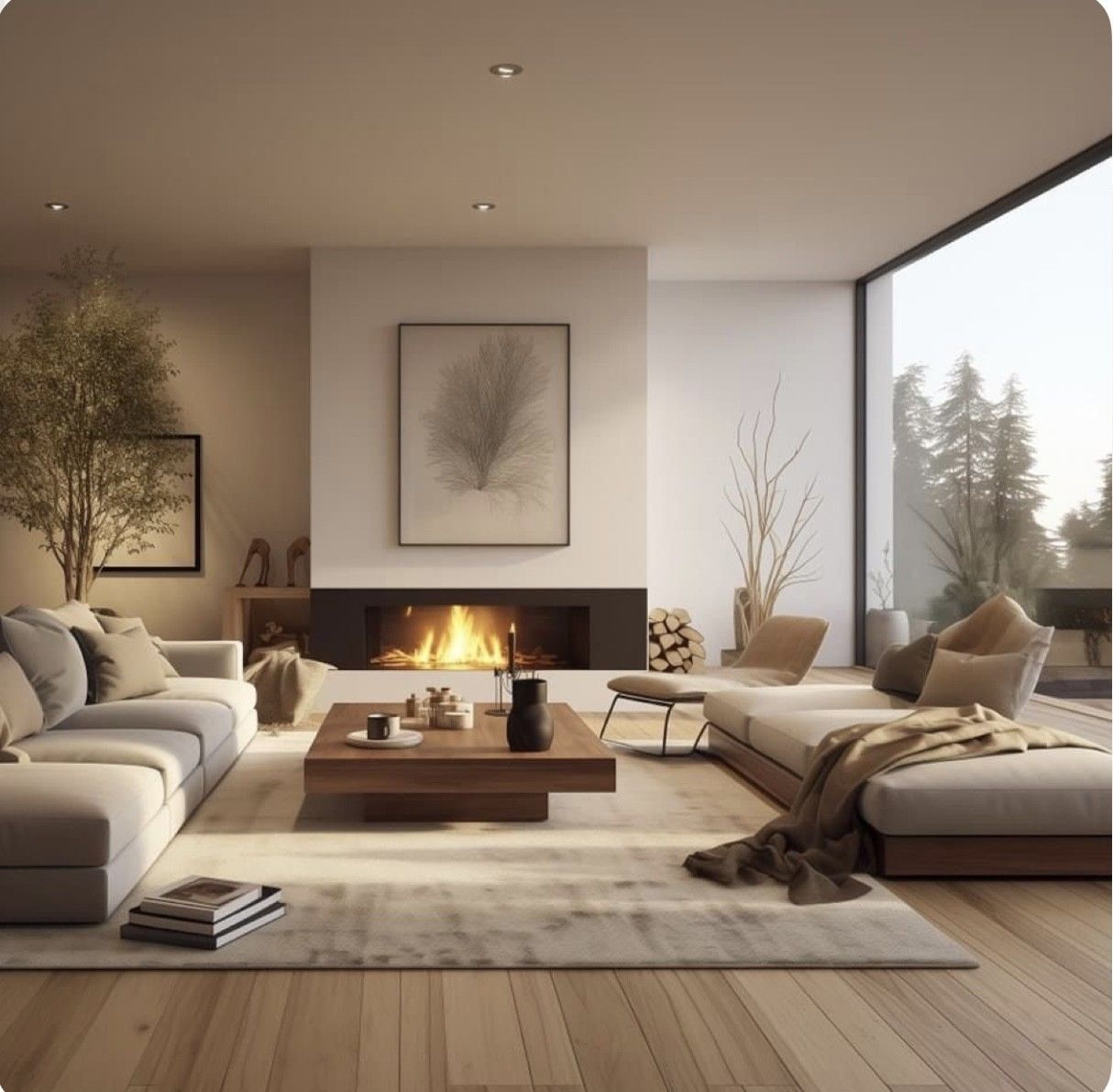 Una sala de estar llena de muebles y una chimenea.