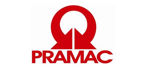 Un logotipo rojo y negro de Pramac sobre un fondo blanco.