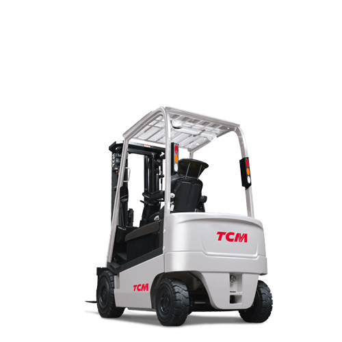 Una carretilla elevadora tcm está sentada sobre una superficie blanca.