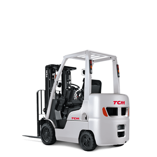 Una carretilla elevadora tcm blanca está sentada sobre un fondo blanco.