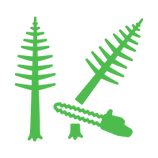 Un icono verde de un árbol que está siendo cortado con una motosierra.