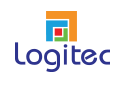 Logo Logitech : texte bleu avec une icône carrée colorée au-dessus.
