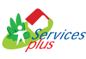 Logo vert et bleu de Services Plus représentant une personne sous un toit rouge et une plante.
