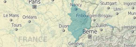 Carte de la France, de la Suisse et de l'Allemagne, avec les villes indiquées, dont Paris, Berne et Stuttgart.