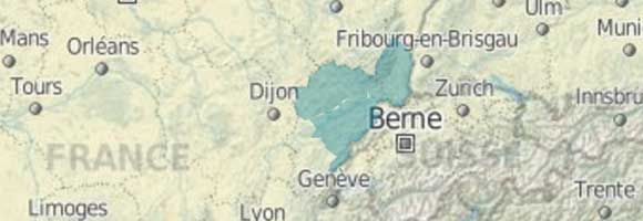 Carte de la France et de la Suisse, avec la zone bleue mise en évidence autour de Berne.