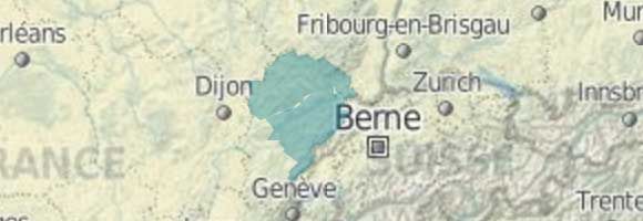 Carte de la Suisse et des régions limitrophes, y compris la France, montrant des villes comme Genève, Berne et Zurich.