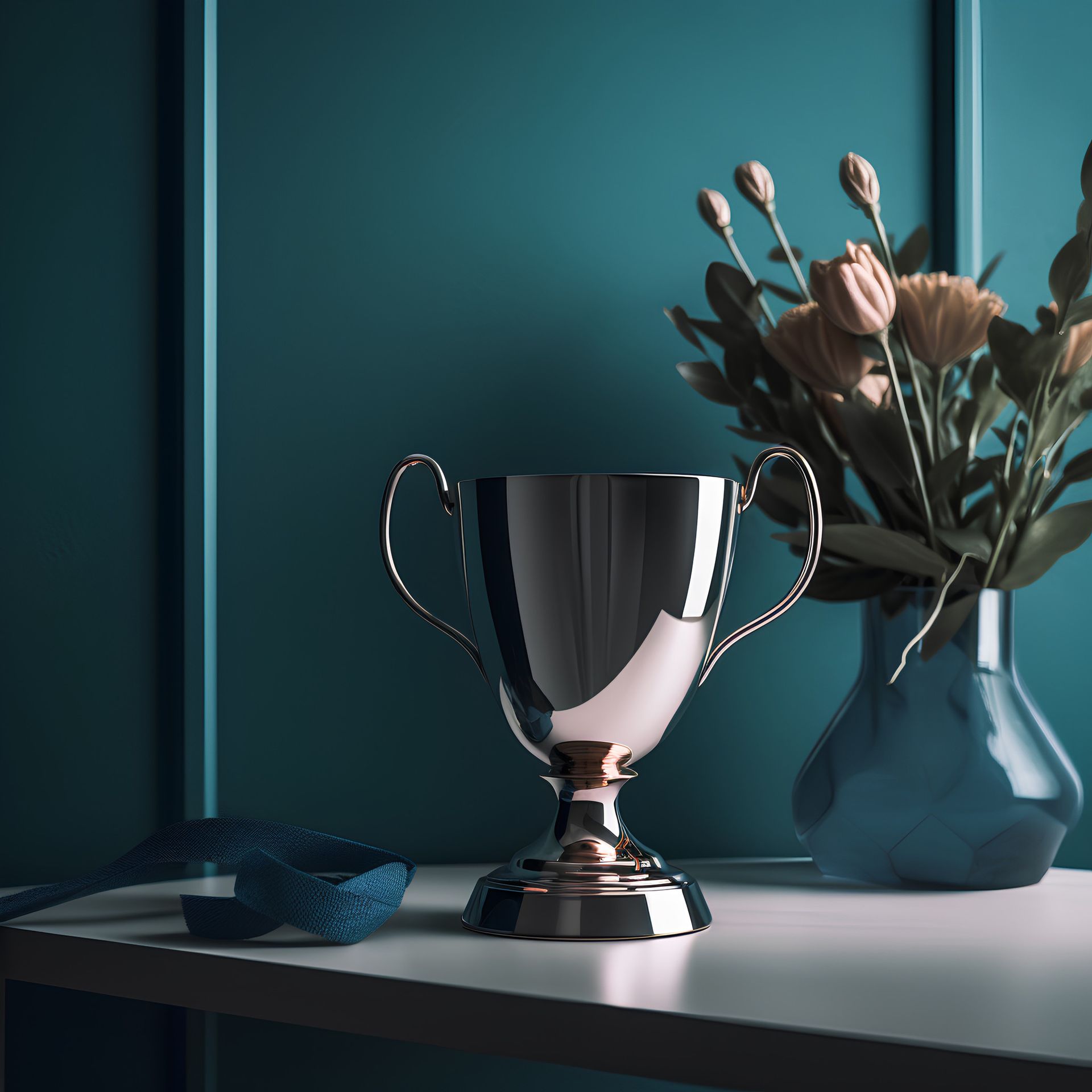 Trofeo de plata y flores en jarrón sobre una mesa, contra una pared verde azulado.