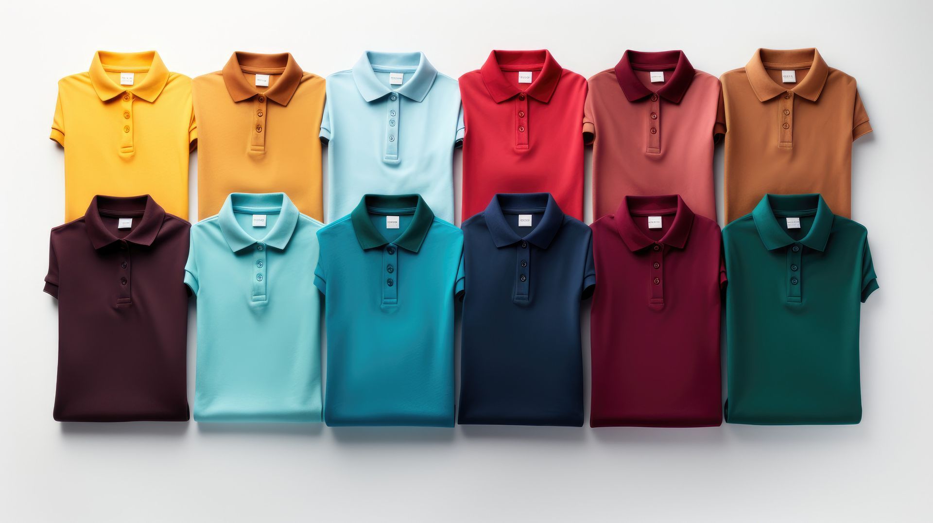 Doce polos doblados en varios colores sólidos dispuestos sobre un fondo blanco.