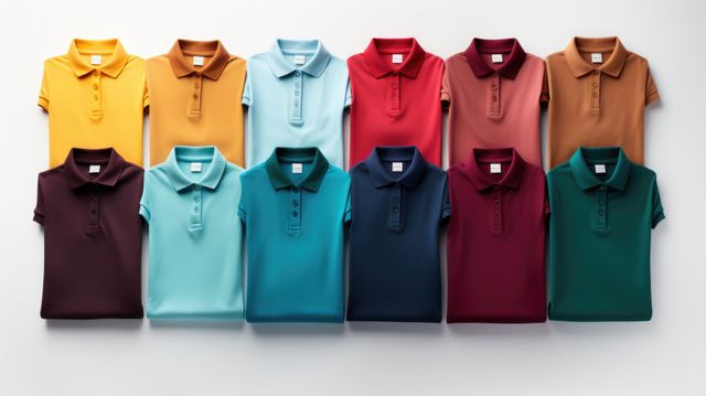 Doce polos doblados en varios colores sólidos dispuestos sobre un fondo blanco.