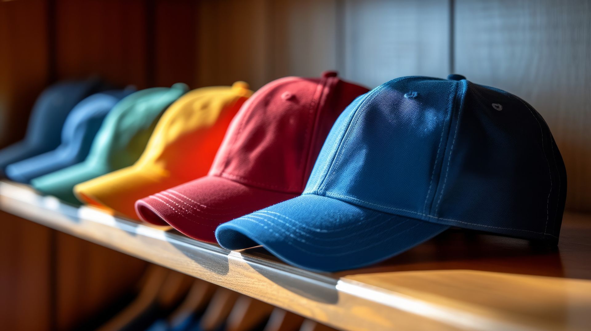 Gorras de béisbol de varios colores en un estante de madera: azul oscuro, verde, amarillo, naranja, rojo, azul claro.