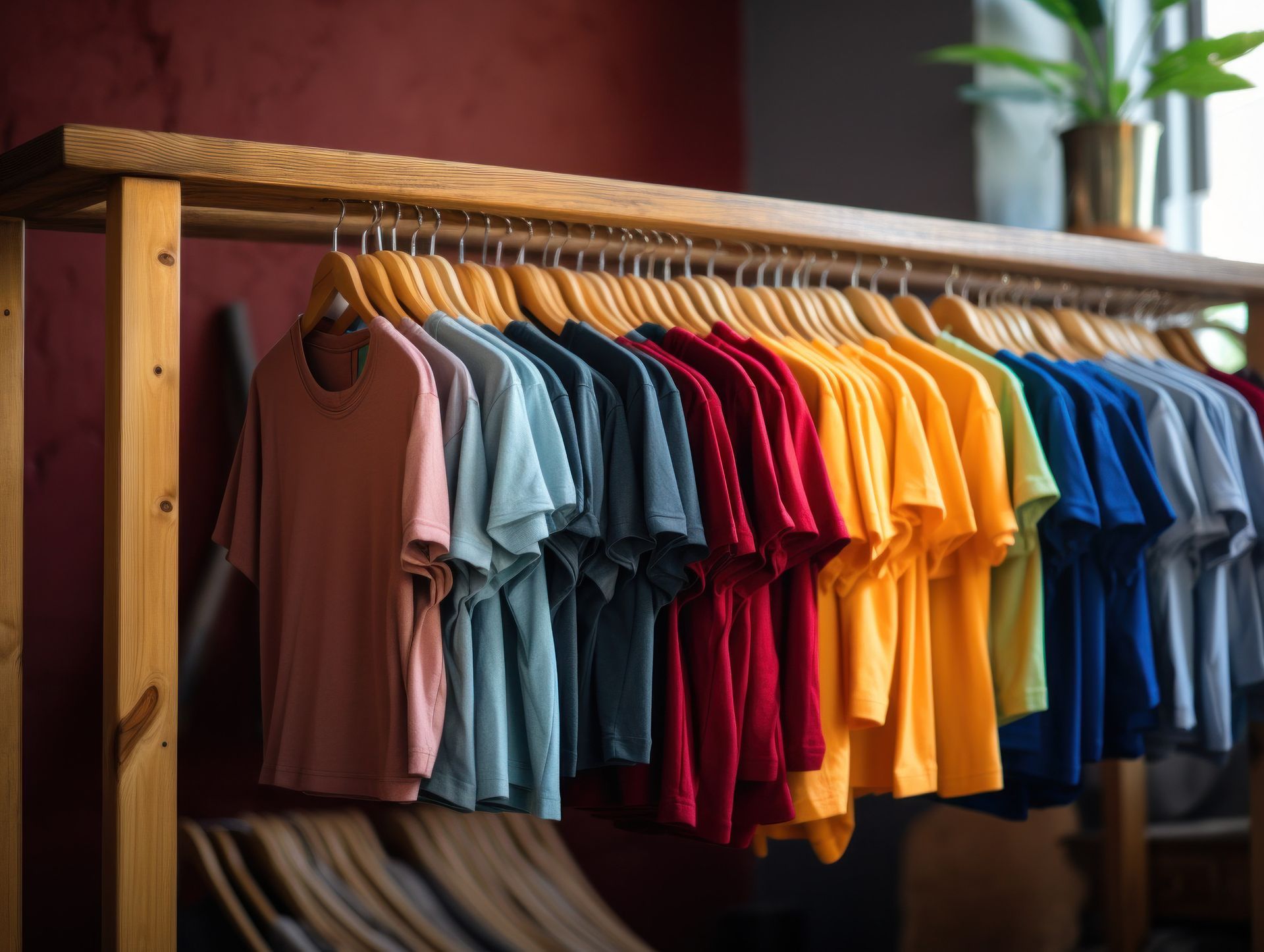 Fila de camisetas coloridas colgadas en un estante de madera en una tienda.