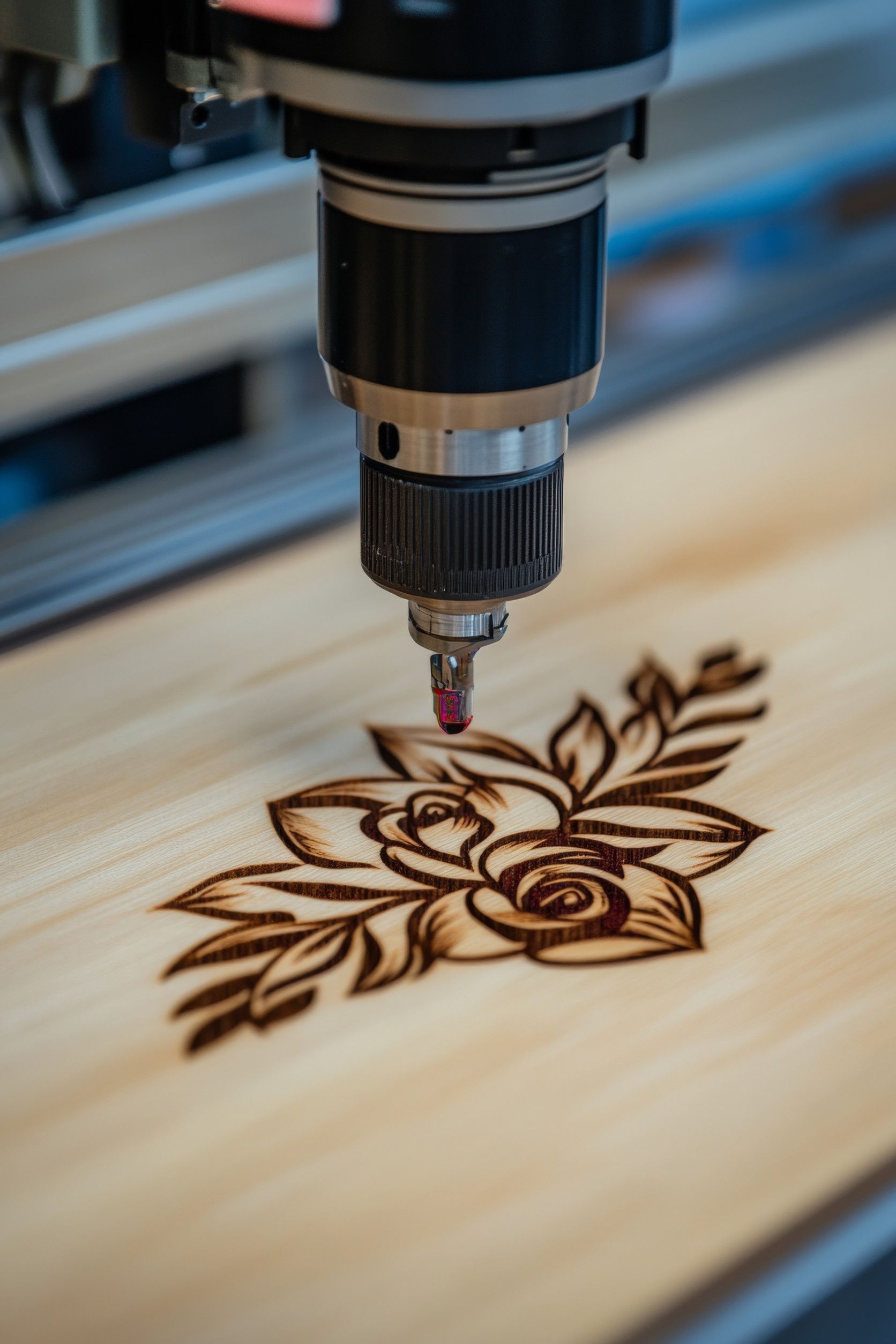 Grabador láser que quema un diseño floral sobre una superficie de madera.