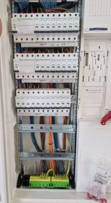 Elektrischer Sicherungskasten mit Schalterreihen, freiliegenden Leitungen und grün/gelben Erdungsschienen