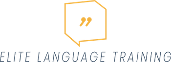 Das Logo für Elite-Sprachtraining zeigt eine Sprechblase mit einem Zitat darin.