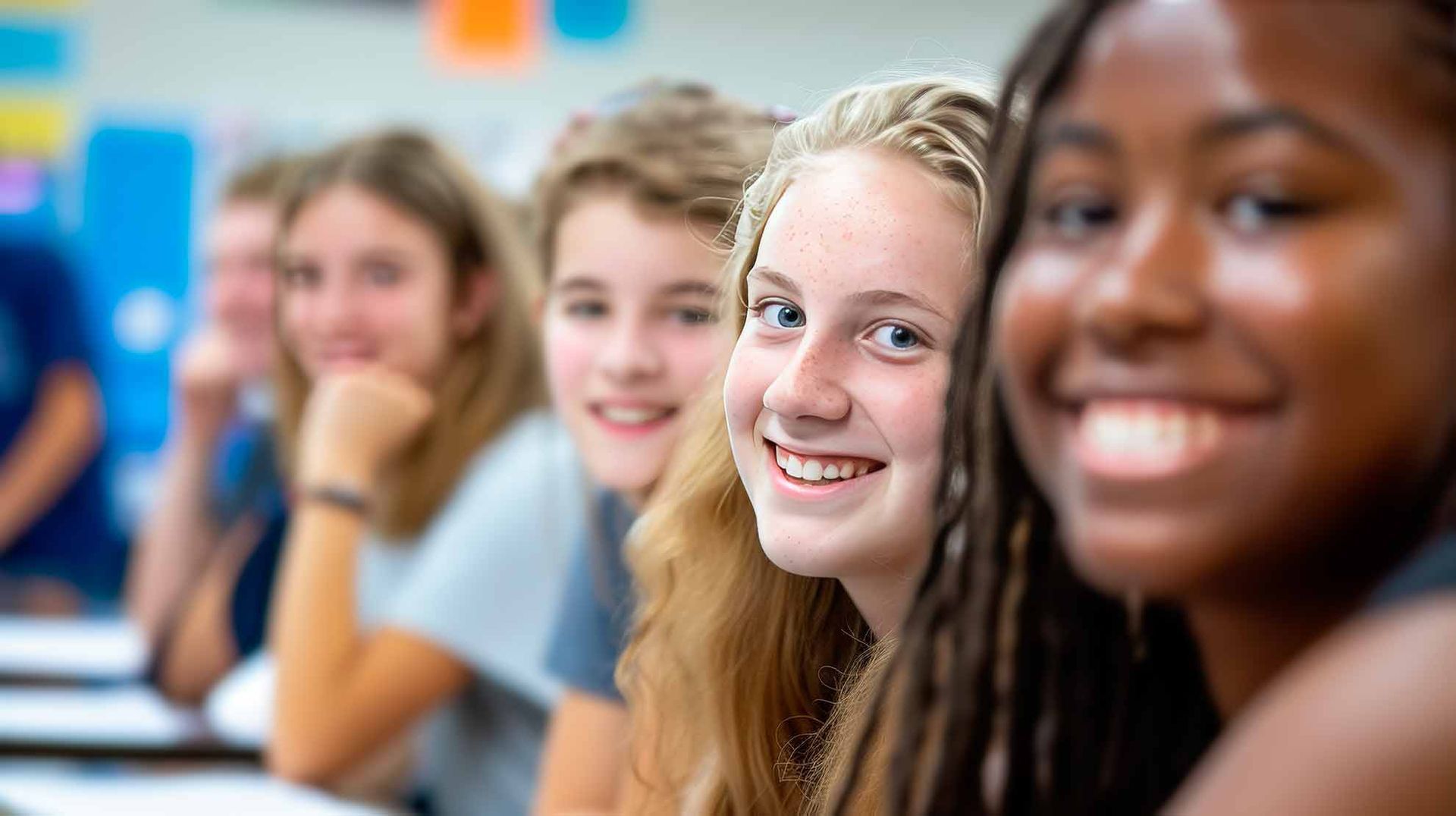 Eine Gruppe junger Leute sitzt in einem Klassenzimmer und lächelt.