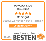 A badge that says polyglot kids dusseldorf sehr gut 282 bewertungen auf 4 portalen jetzt bewerten