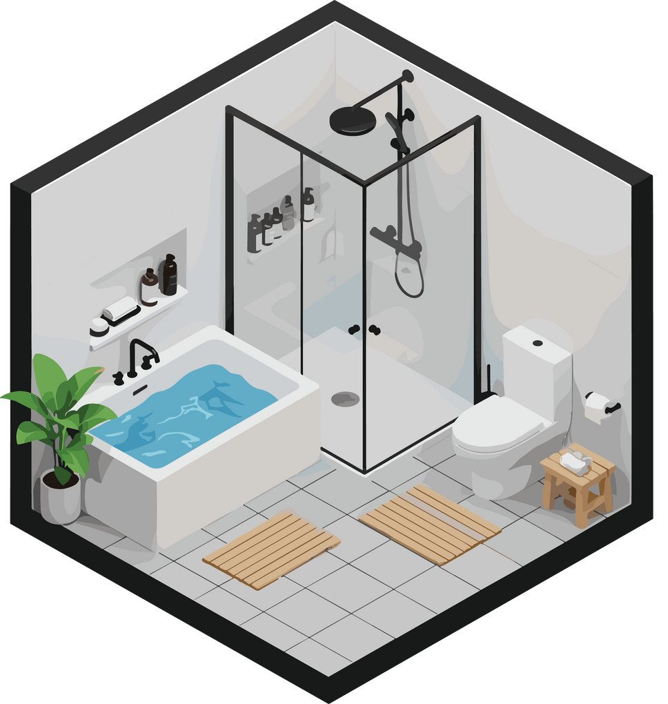 Intérieur de salle de bains stylisé avec poutres apparentes, baignoire îlot, toilettes et suspensions lumineuses.