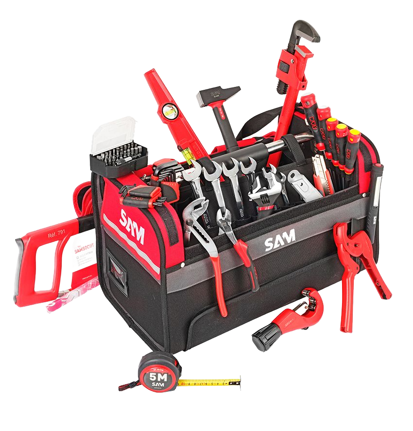 Outils et accessoires à main assortis, comprenant une clé, une pince, un tournevis et un mètre ruban.