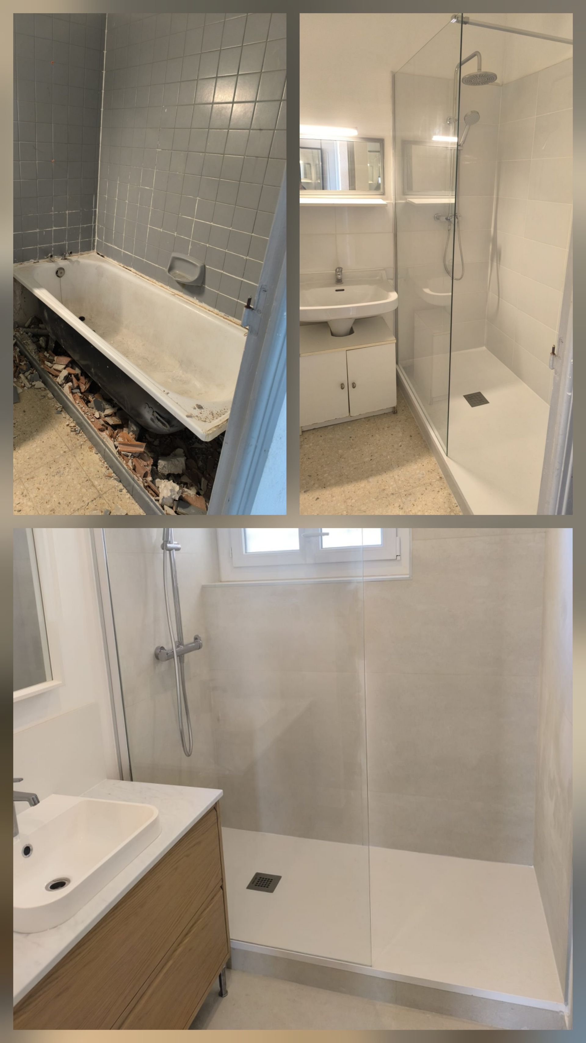 Collage d'une rénovation de salle de bains en cours, avec douche carrelée, baignoire et meuble-lavabo.
