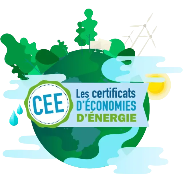 Logo CEE sur un globe vert, avec le texte « Les certificats d’économies d’énergie » et des éléments écologiques.