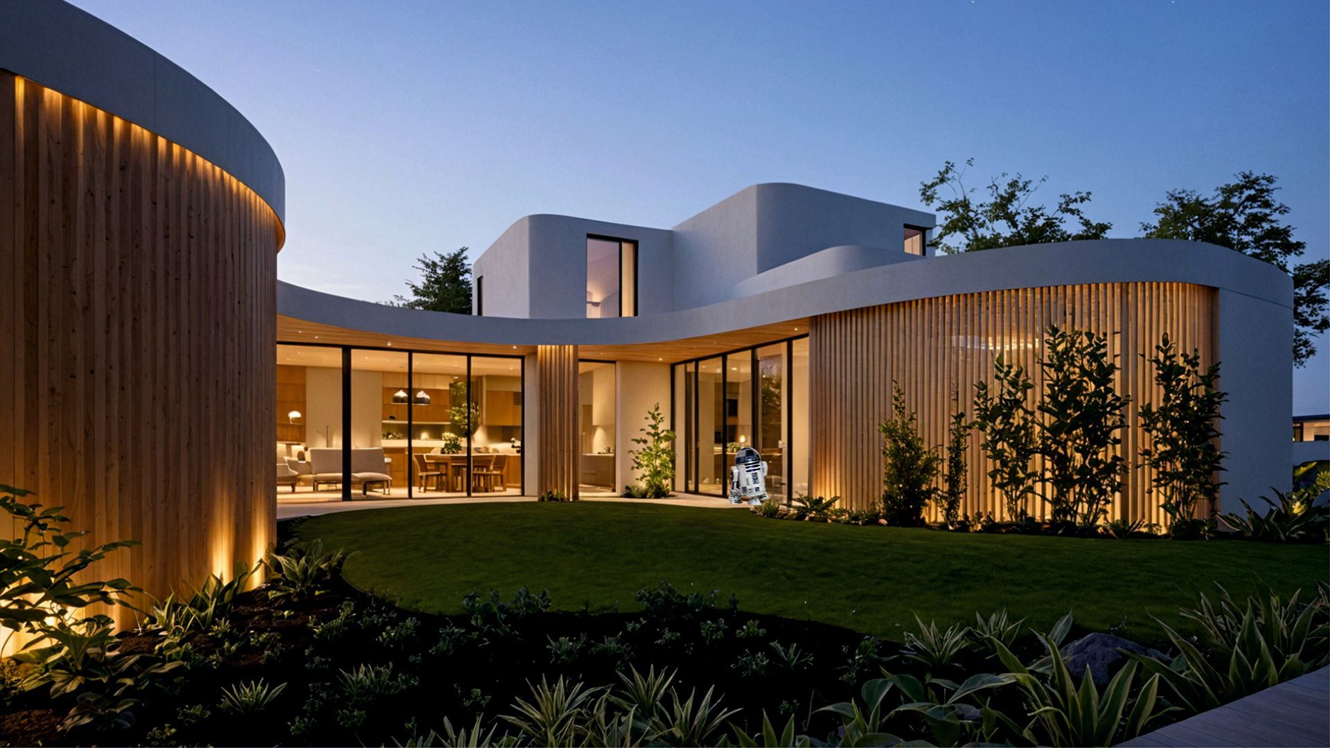 Exterior de casa moderna al anochecer, con fachada de madera curva, paredes de vidrio y paisaje iluminado.