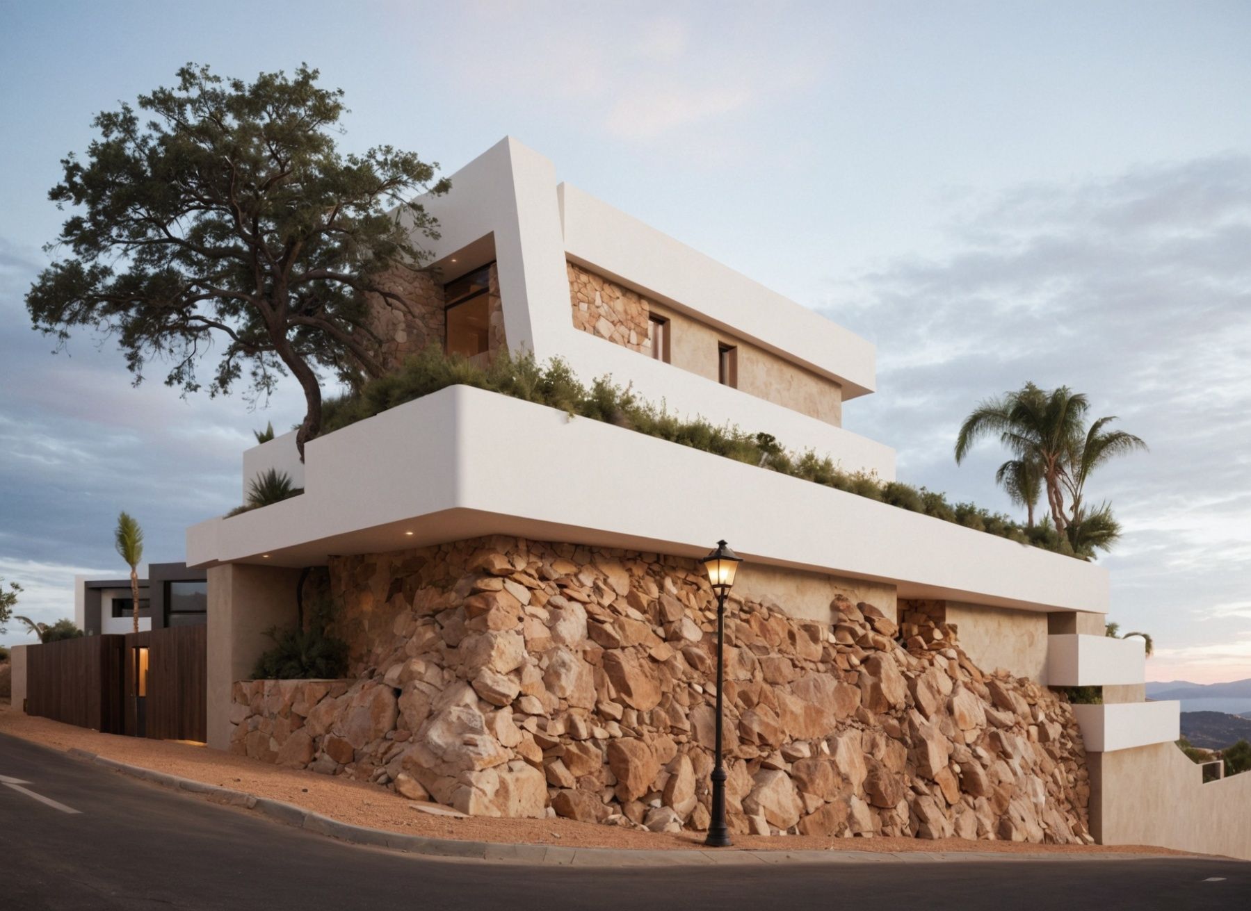 Moderna casa blanca con base de piedra y vegetación en la azotea junto a una calle al anochecer.