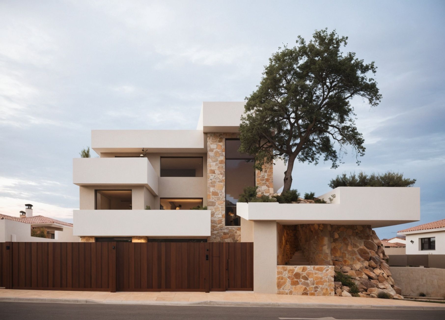 Casa blanca moderna con detalles de piedra, puerta marrón y un árbol que crece en un jardín en la azotea.