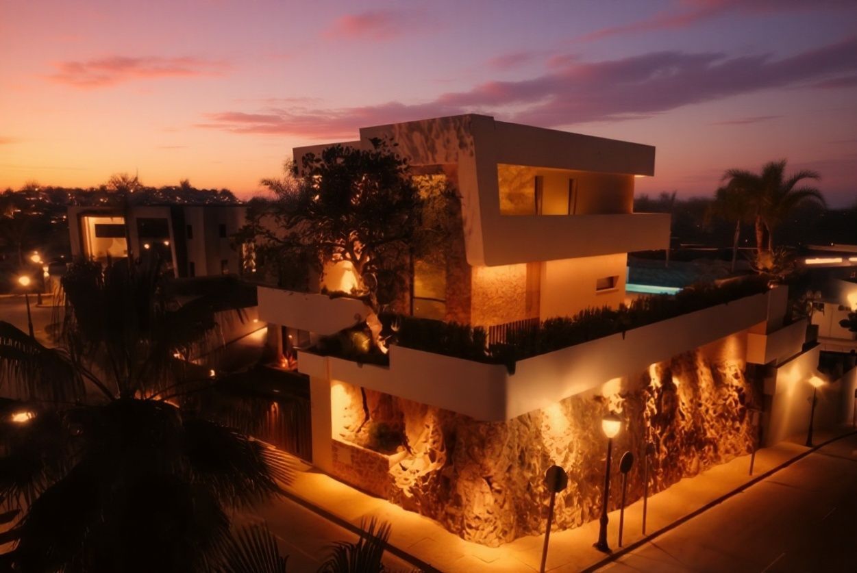 Moderna casa de dos plantas con fachada de piedra, iluminada al anochecer contra un colorido atardecer.