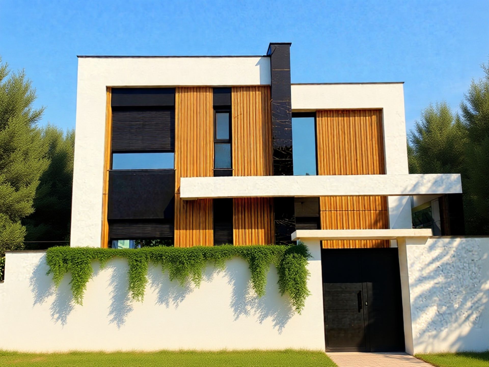 Casa moderna de dos pisos con revestimiento blanco, negro y de madera, ubicada detrás de una pared blanca con hiedra.