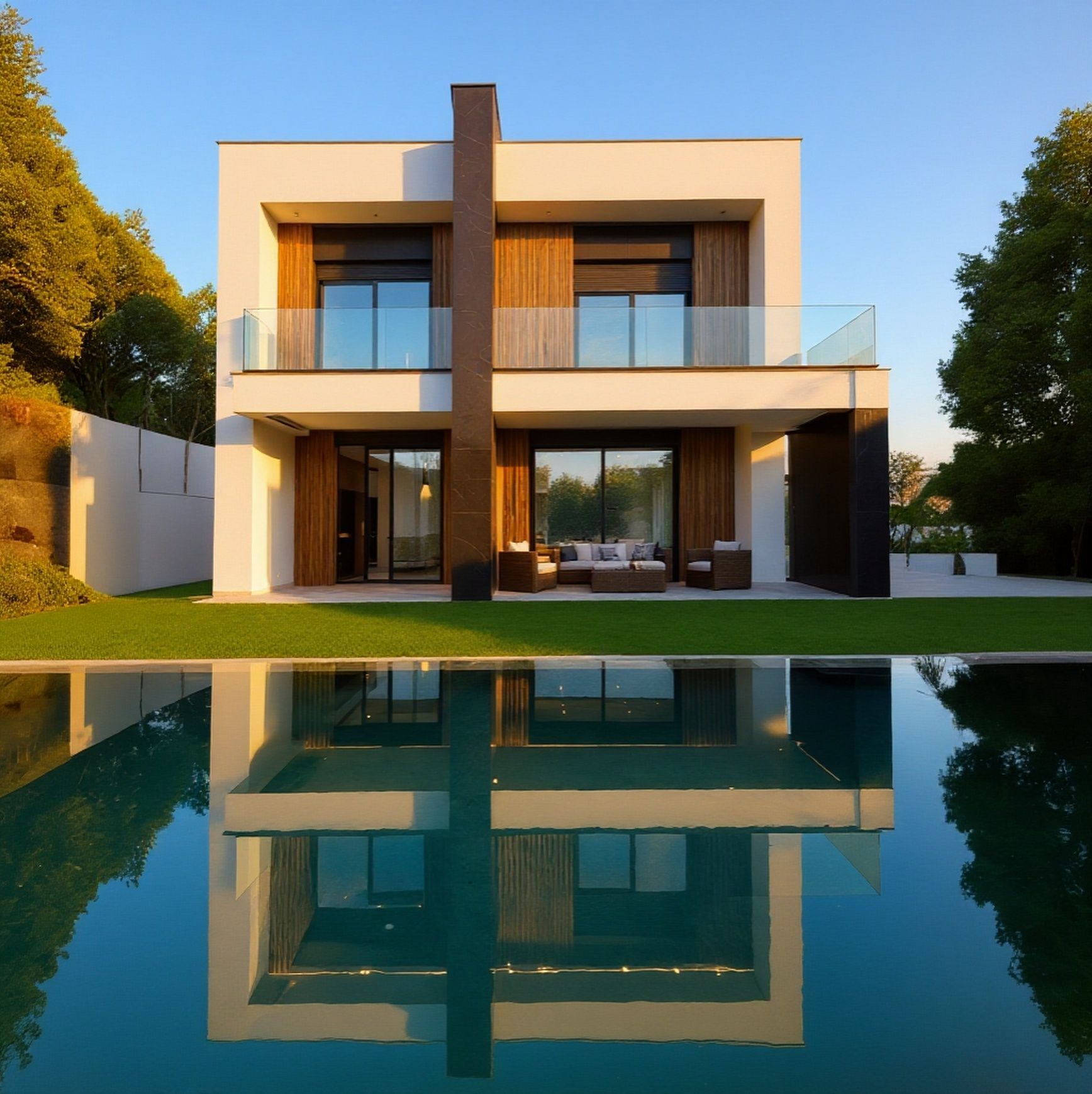 Casa moderna de dos plantas con piscina, que refleja el edificio. Paredes blancas, detalles en madera y ventanas de cristal.