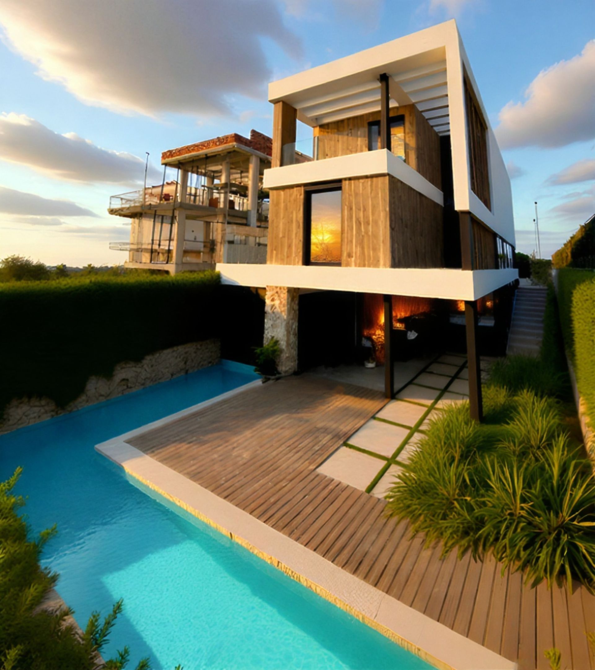 Casa moderna con fachada de madera, piscina y terraza al aire libre al atardecer.