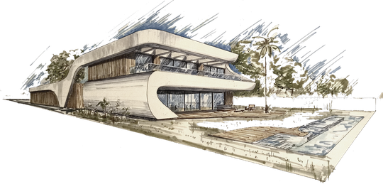 Boceto arquitectónico de un edificio moderno de dos pisos con techo curvo y grandes ventanales, junto a una piscina.