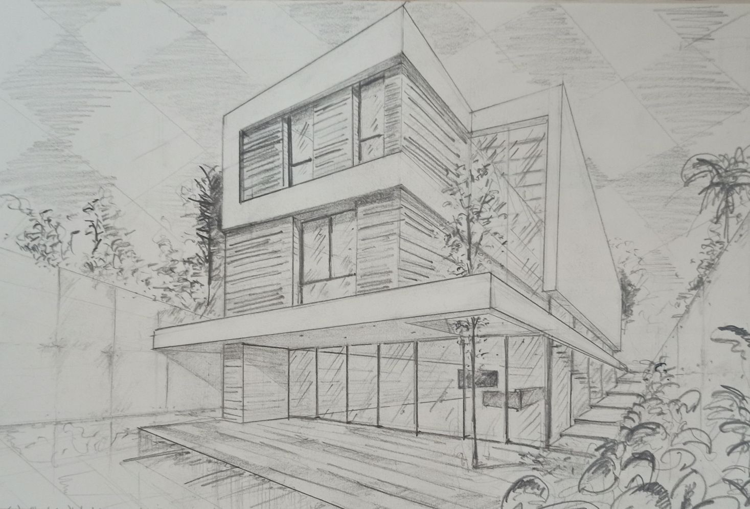 Boceto de casa moderna de dos pisos con paredes de vidrio y revestimiento de madera, rodeada de árboles y una terraza.